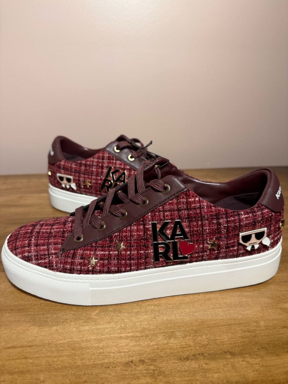 Karl Lagerfeld Burgundy Tweed Logo Sneakers